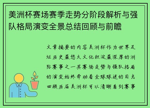 美洲杯赛场赛季走势分阶段解析与强队格局演变全景总结回顾与前瞻