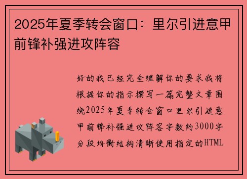2025年夏季转会窗口：里尔引进意甲前锋补强进攻阵容